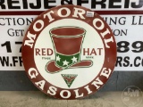 RED HAT MOTOR OIL GASOLINE ROUND PORCLAIN SIGN, 42