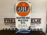GULF DOUBLE SIDED PORCELAIN SUPREM MOTOR OIL SIGN, 48