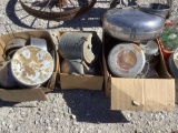 3 BOXES OF METAL PANS, STRAINERS,COFFEE POT CAKE DISHES, WATER