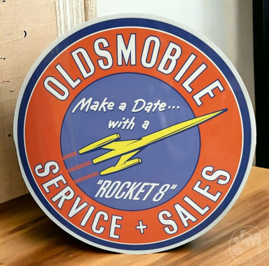 OLDSMOBILE ROCKET SALES & SERVICE:ALUMALITE SIGN. WILL NOT FADE OR