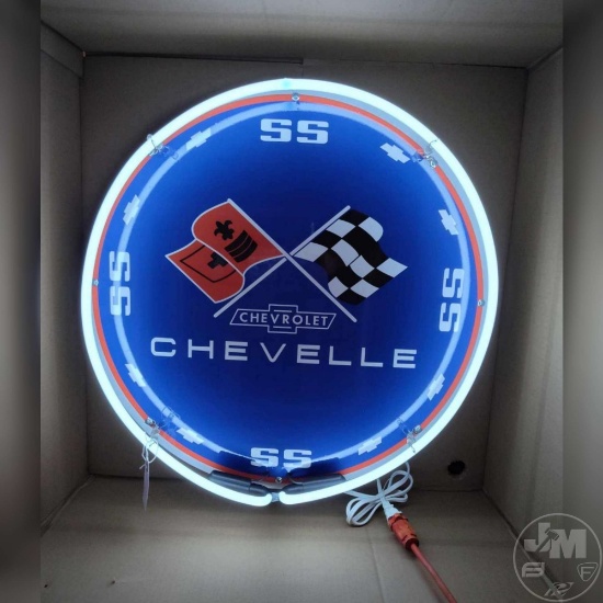 CHEVELLE ALUMALITE SIGN WITH SINGLE BAND NEON. 24" ROUND METAL