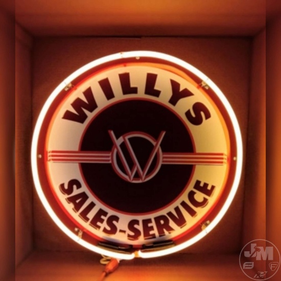 WILLYS SALES SERVICE EMBOSSED METAL SIGN WITH SINGLE BAND NEON.