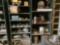 2 SHELFS AND CONTENTS, OIL CAN, LANTERNS, CLOCK, LAMPS, HUB
