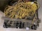A PALLET OF, EXTENSION CORDS, FORK LIFT MAST, METAL TABLE