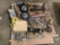 A PALLET WITH, GREASE GUNS, PUMP, SOLID WHEELS, TORCH HEAD,