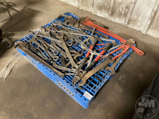 PALLET OF, VARIOUS LARGE PIPE WRENCHES, OPEN BOX END WRENCHES,