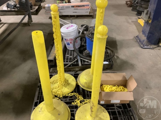 A PALLET OF, 4 SAFETY STANCHIONS WITH CHAIN