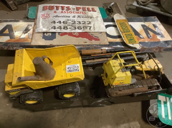 A PALLET OF, OLD SIGNS, TONKA TRUCK, TONKA DOZER