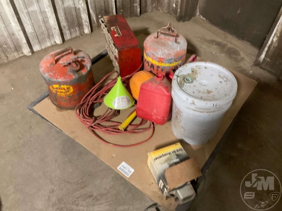 PALLET OF, GAS CANS, EXTENSION CORD, HARD HATS, ORGANIZER BIN,