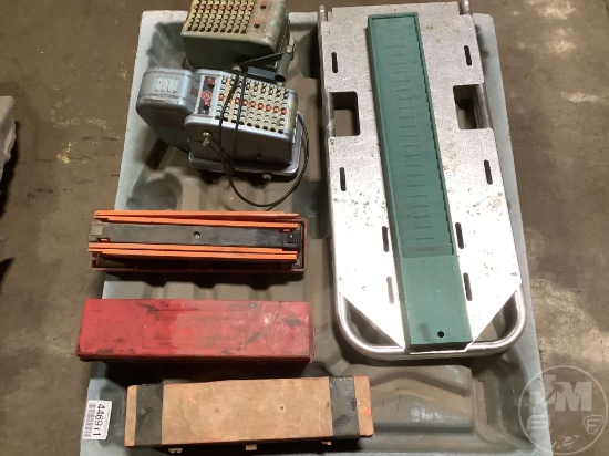 A PALLET OF, EMERGENCY TRIANGLES, CHECK WRITER MACHINES, TIME CARD