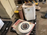 PALLET OF SIGNS, GAS TANK, SHELF, HORSE SHOES, WESTINGHOUSE INCUBATOR