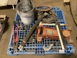 A PALLET OF, HYDRAULIC JACK, HYDRAULIC HOSES, BOLT CUTTERS, SOCKETS,