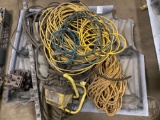 A PALLET OF, EXTENSION CORDS, HALOGEN LIGHT, HYDRAULIC VALVE