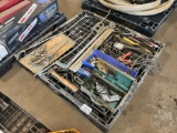 A PALLET OF, BLOW GUNS, HAND TOOLS, JUMPER CABLES, DRILL
