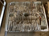 A PALLET WITH WRENCHES , PIPE WRENCH, TORQUE WRENCH
