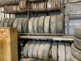 TIRE RACK, 24 TRUCK 11R22.5, 275/80R22.5 TIRES, SOME ON RIMS,