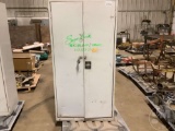 2 DOOR CABINET WITH, GREASE, FILTERS, OILS, MISC ITEMS