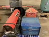 A PALLET OF, 215,000 BTU HEATER, SMALL BOLT BIN WITH