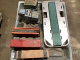 A PALLET OF, EMERGENCY TRIANGLES, CHECK WRITER MACHINES, TIME CARD