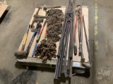 A PALLET WITH, CHAINS, BOLT CUTTERS, CHAIN BINDERS, SLEDGE HAMMERS,