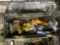 STANLEY TOOL BOX WITH CHALK, PENCILS, STRAIGHT LINE LASER LEVEL