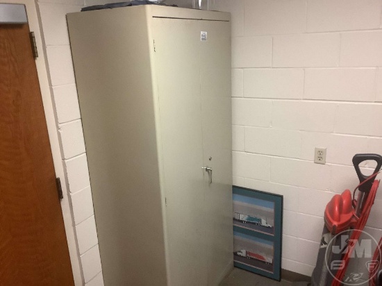 DOUBLE DOOR METAL CABINET, WITH CONTENTS, IN MENS RESTROOM