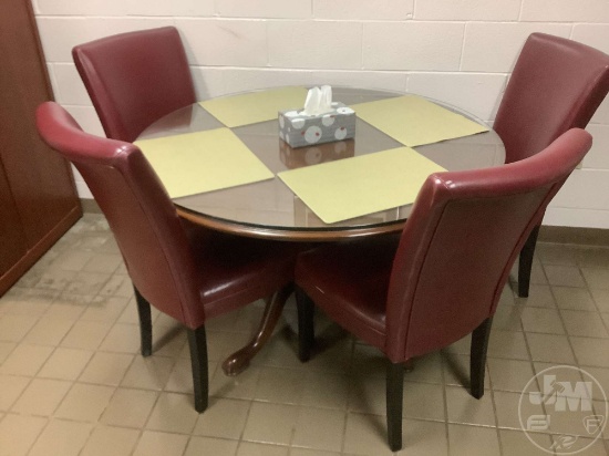 BREAK ROOM, TABLE AND CHAIRS, 2 COAT RACKS, CABINET W