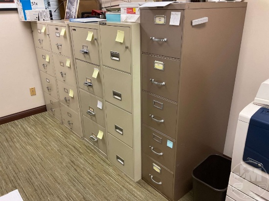 FIVE FIRE PROOF FILING CABINETS, ONE REGULAR FILING CABINET, TABLE,
