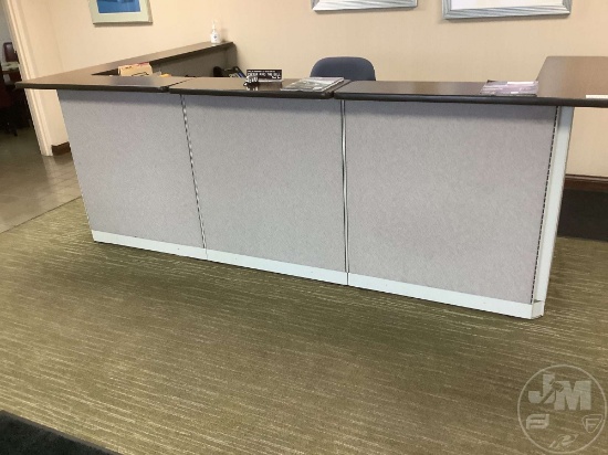 RECEPTIONIST DESK, CHAIR, FILE CABINETS, DESK MAT, CUSHIONED CHAIRS, TABLES,