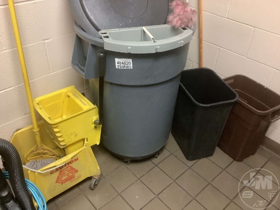 3 TRASH CANS, MOP AND MOP BUCKET, DUSTER, BROOM AND