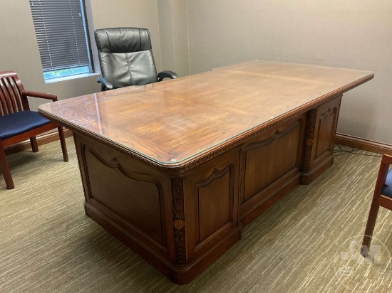 WOODEN ROMWEBER DESK WITH MATCHING CREDENZA, CUSHIONED CHAIRS,DESK CHAIR, WHITE