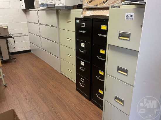 5 FILING CABINETS, ONE FIREPROOF FILING CABINET, PAPER SHREDDER, SHELVING