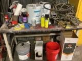 SHOP TABLE WITH PAINTING SUPPLIES, GRINDER, RINER DISC, THINNERS, 5