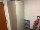 DOUBLE DOOR METAL CABINET, WITH CONTENTS, IN MENS RESTROOM