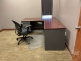 CABINET, DESK, DESK MAT, CUSHIONED CHAIRS