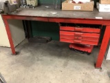 6’...... STEEL WORK TABLE, DRAWERS WITH CONTENTS, COLUMBIAN VISE, STOOL