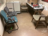 4 CUSHIONED CHAIRS, TABLE, TIME CARD CLOCK WITH TIME CARD