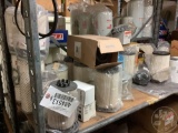 SHELF WITH, VARIOUS FILTERS, WATER PUMP, POWER STEERING PUMP, BLOWER