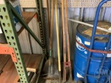 RAKE, POST HOLE DIGGER, SHOVEL AND CONTENTS ON PEG BOARD