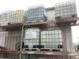 7 PLASTIC LIQUID STORAGE CONTAINERS WITH METAL PALLET WITH CAGES,