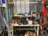 WORK BENCH WITH LIGHT BAR, CLAMPS, ANTIQUE WASH TUB, AIR