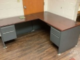 2 L SHAPED METAL OFFICE DESKS, WALL CORK PIN BOARD