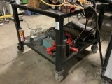 4X4 STEEL WORK TABLE ON WHEELS, NO CONTENTS
