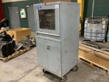 COMPUTER CABINET ON WHEELS, OLD MONITOR AND KEY BOARD, HP