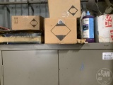 STORAGE CABINET WITH SAND PAPER, PAINT GUN, BONDO SPREADERS, POLISH,