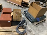 TWO PALLETS, SMALL DESK, SMALL DESK TOP, GLOBE, 2 TARPS