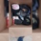 BOX OF MISC GUN STORE HATS EAR PLUGS AND GUN