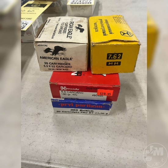 4 BOXES AMMO 303 BRITISH,6.5CARCANO,7.62 MIGANT