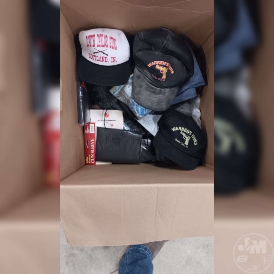 BOX OF MISC GUN STORE HATS EAR PLUGS AND GUN