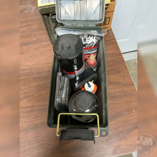 AMMO BOX OF MISC GUN CLEANING SUPPLIES